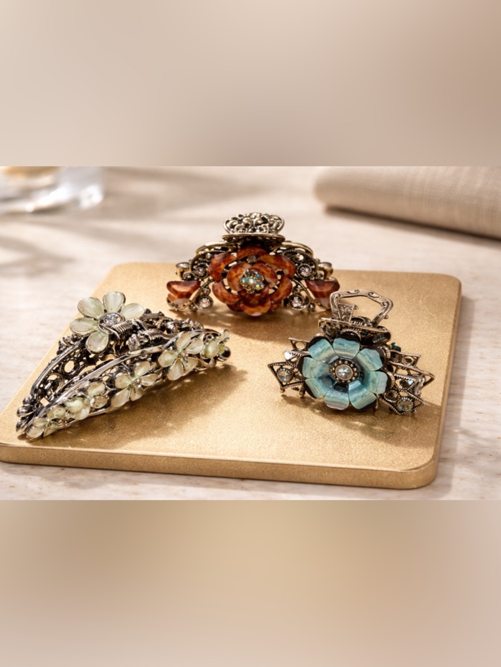 VTG Hair Claw Clip Multicolor Rhinestone Antique Gold Tone Metal Boho Lot of 3